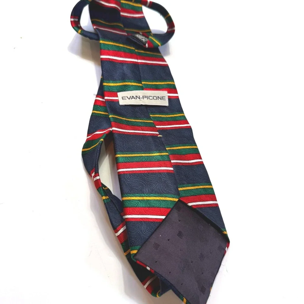 Evan-Picone Mens Silk Tie Navy Green Red Gold Horizontal Stripe Textured Weave